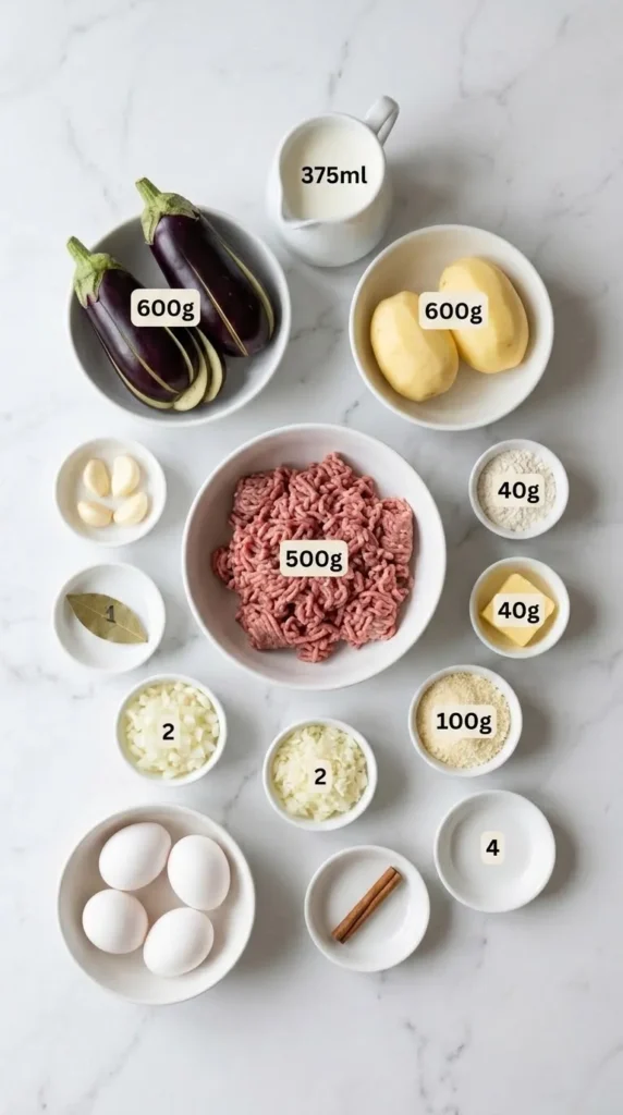 Zutaten für Moussaka: Hackfleisch, frische Auberginen, Kartoffeln, Milch, Eier und Gewürze übersichtlich angeordnet