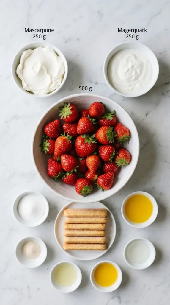 Zutaten für Erdbeertiramisu: frische rote Erdbeeren, Mascarpone, Quark, Löffelbiskuits und Säfte elegant angerichtet