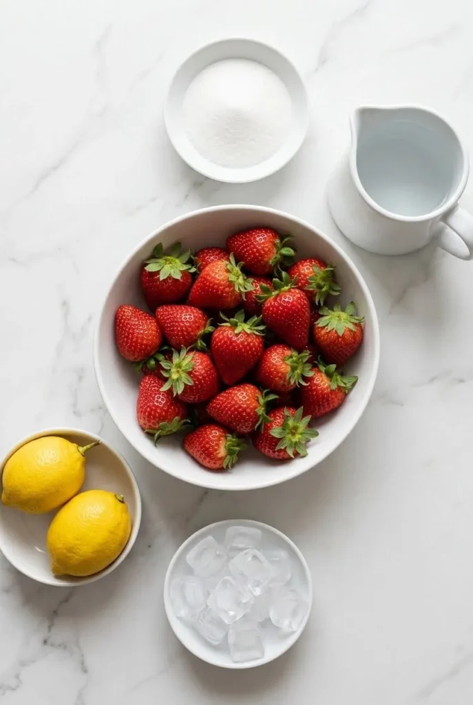 Zutaten für Erdbeer Limonade: frische Erdbeeren, Zitronen, Wasser, Zucker und Eiswürfel sauber aufgereiht