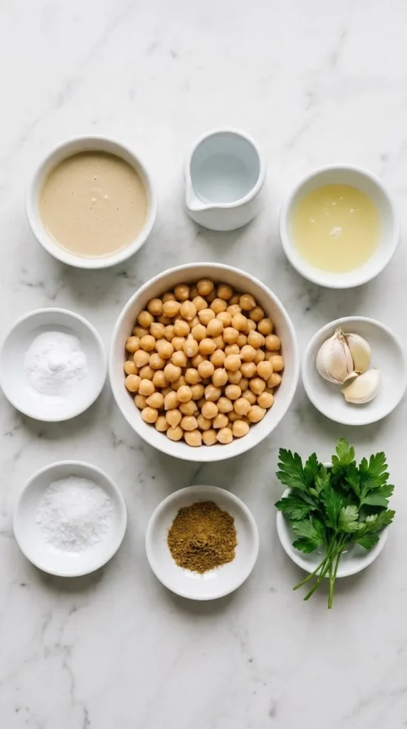 Zutaten für das beste Hummus Rezept: Kichererbsen, Tahin, Zitronensaft, eiskaltes Wasser, Knoblauch und Gewürze übersichtlich aufgereiht