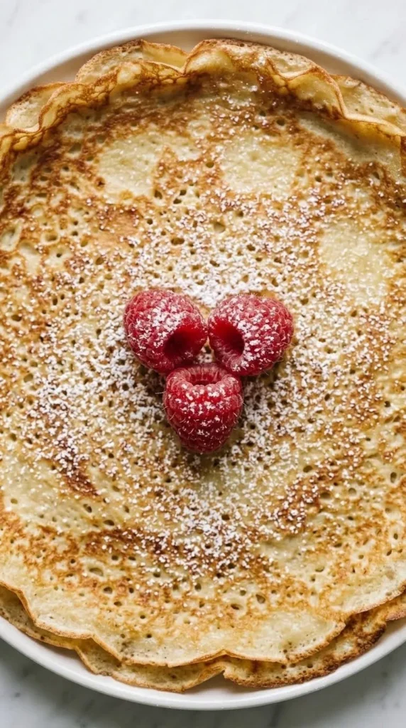 Nahaufnahme von Pfannkuchen — detailreiche Textur der goldbraunen Oberfläche mit Puderzucker