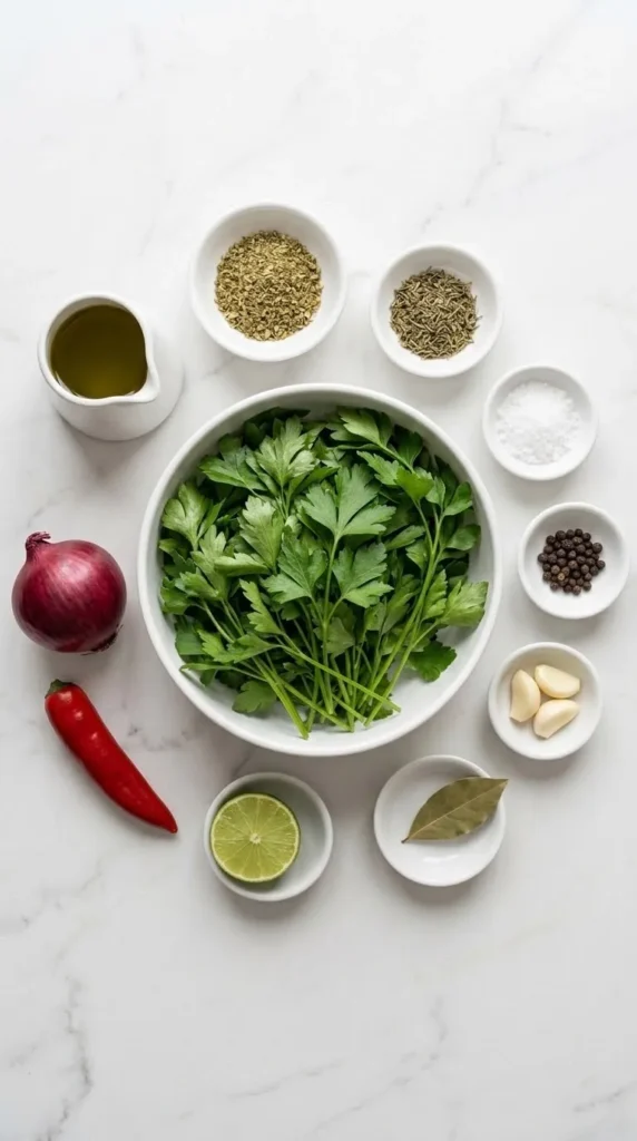 Zutaten für Chimichurri: frische Petersilie, Olivenöl, rote Zwiebeln, Peperoni, Knoblauch und Gewürze ordentlich aufgereiht