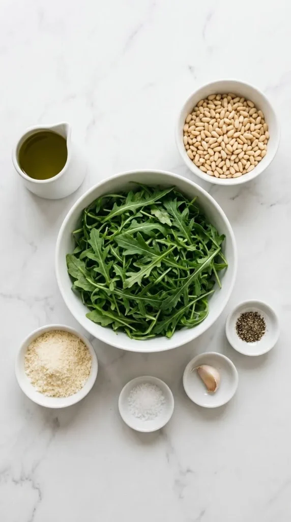 Zutaten für Rucola-Pesto: frischer Rucola, Pinienkerne, Olivenöl, Parmesan und Knoblauch ordentlich aufgereiht