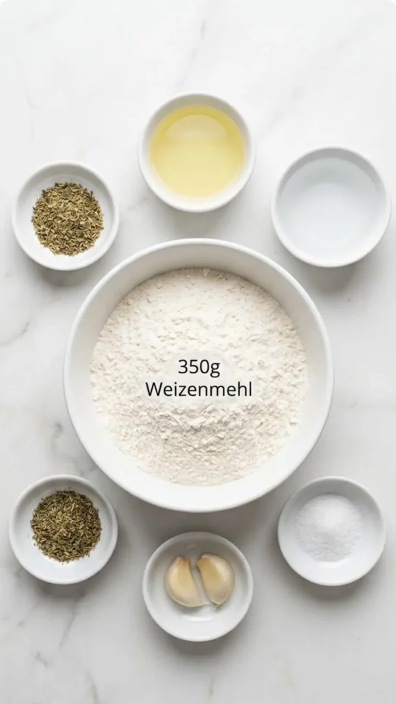 Zutaten für 10-Minuten-Fladen: Weizenmehl, Pflanzenöl und frischer Knoblauch mit Kräutern