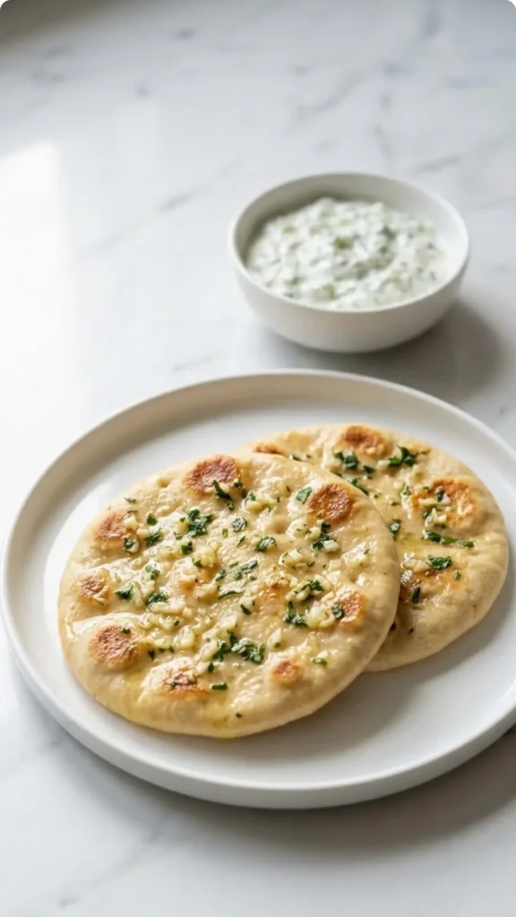10-Minuten-Fladen serviert mit Tzatziki-Dip — mediterrane Servierszene auf weißem Marmor