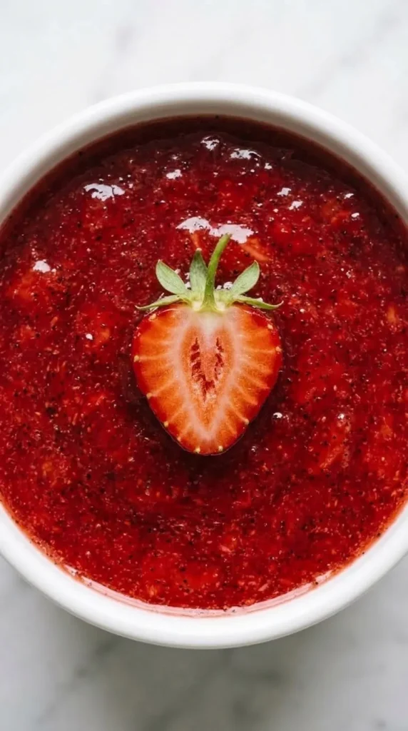 Nahaufnahme von Erdbeermarmelade mit Vanille — samtige Textur mit feinem Vanillemark