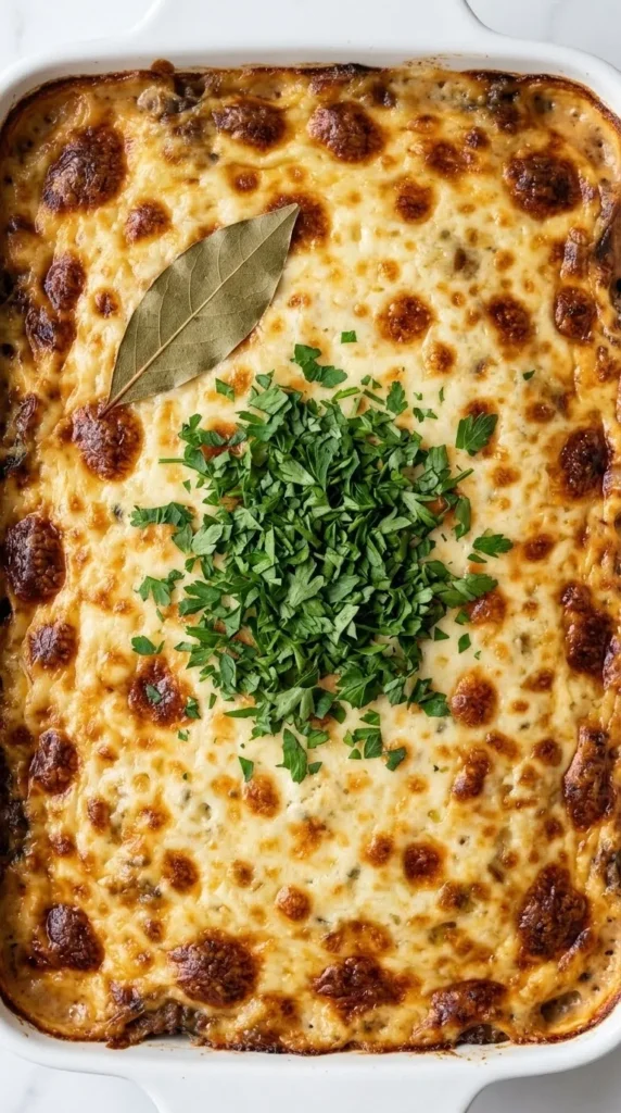Nahaufnahme von Klassische Moussaka — detailreiche Ansicht der knusprig gebackenen Béchamelsauce mit Käse