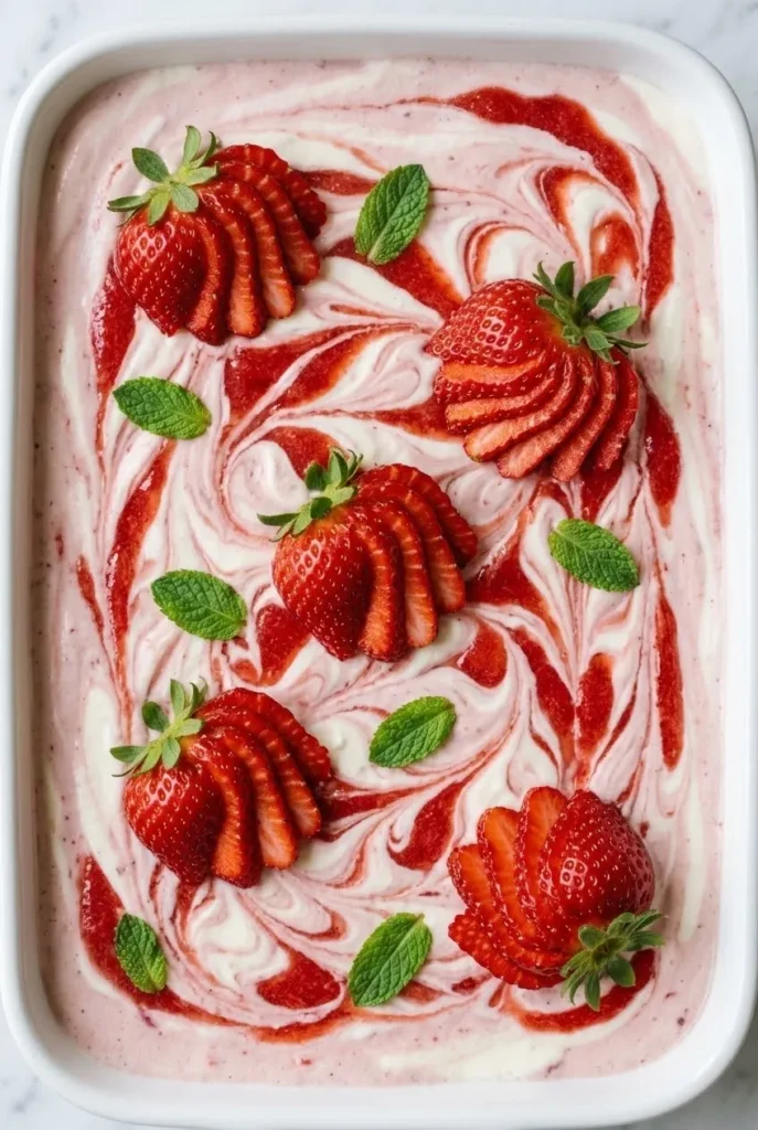 Nahaufnahme von Erdbeertiramisu — cremige Textur mit feinen Erdbeer-Fruchtwirbeln und frischer Minze im Detail