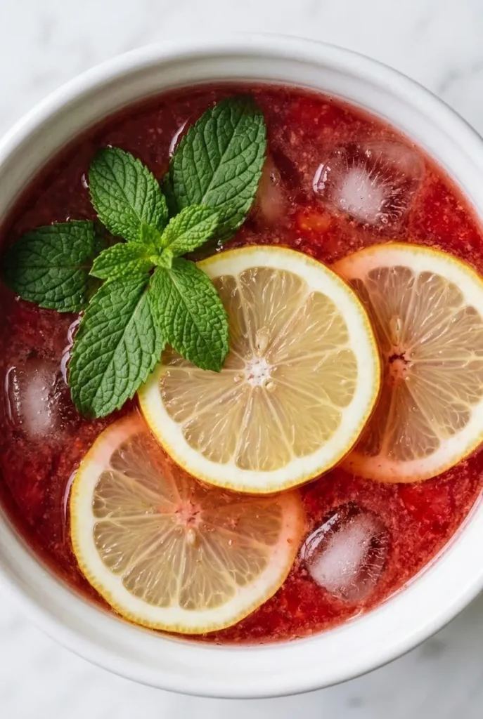 Nahaufnahme von Erdbeer Limonade — detailreiche Oberfläche des gekühlten Getränks mit schwimmenden Zitronenscheiben