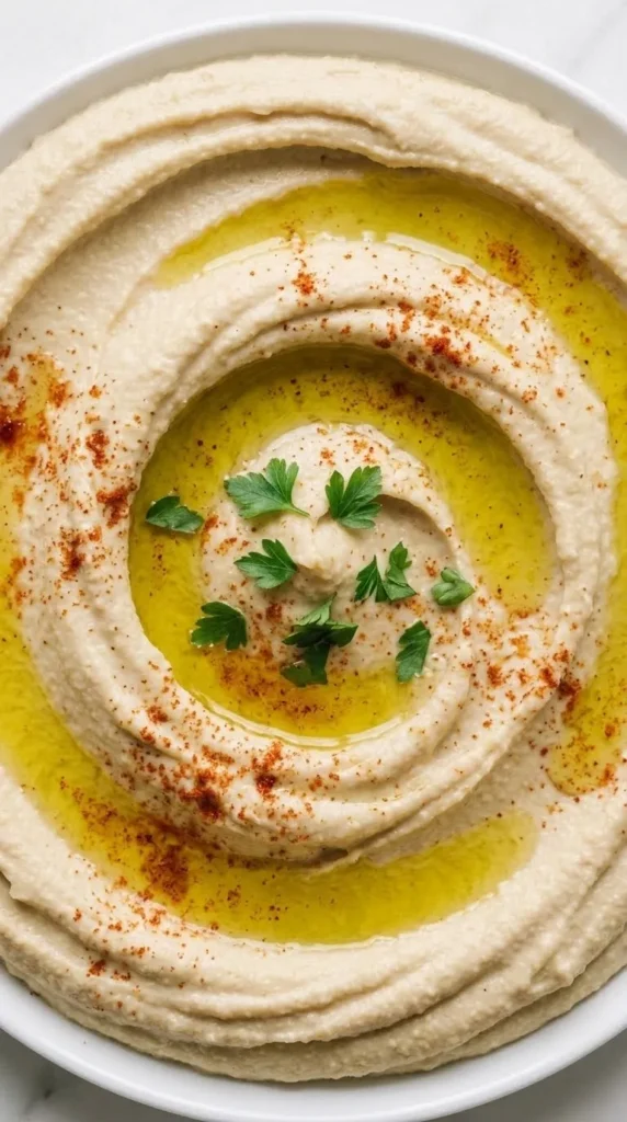 Nahaufnahme von Bestes Hummus Rezept — detailreiche Ansicht der ultra cremigen Textur mit feinen Olivenöl-Wellen