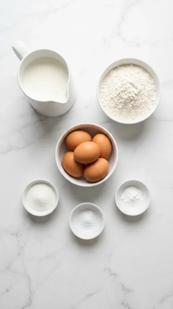 Zutaten für Pfannkuchen: frische Eier, Milch, Mehl, Zucker und Backpulver separat angerichtet