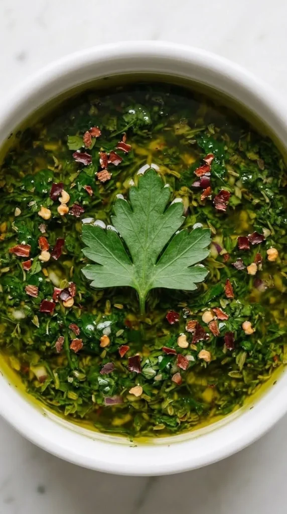 Nahaufnahme von Klassisches Chimichurri — detailreiche Ansicht der gemörserten Kräuterstruktur unter glänzendem Olivenöl