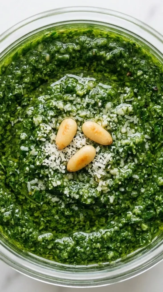 Nahaufnahme von Rucola-Pesto — detailreiche, sämige Struktur des Kräuter-Pestos mit fein geriebenem Käse