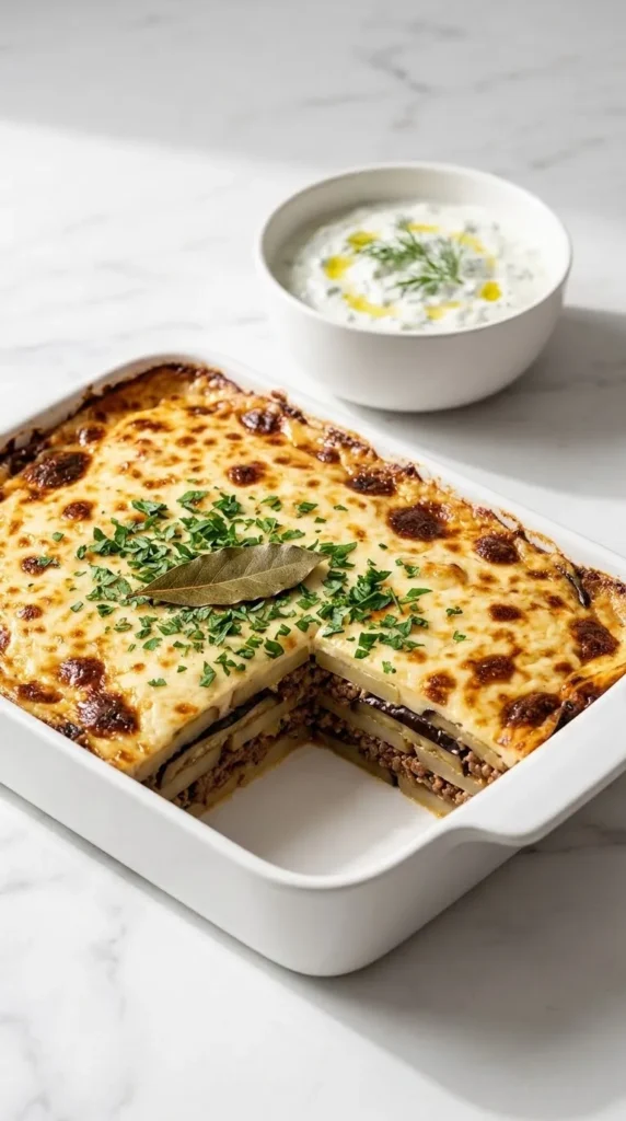 Klassische Moussaka serviert mit Tzatziki — appetitlich angerichtetes Stück des geschichteten Auflaufs