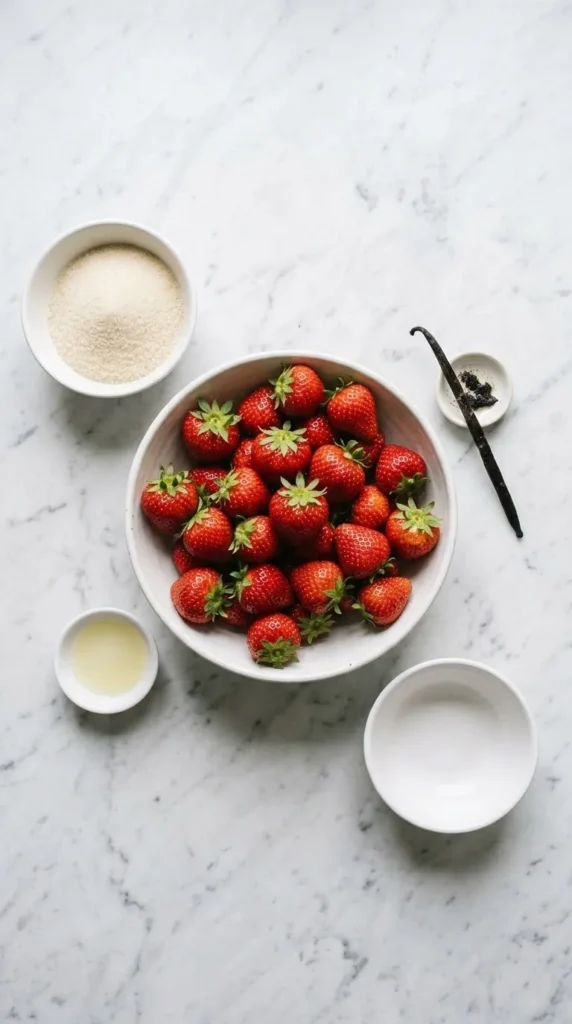 Zutaten für Erdbeermarmelade mit Vanille: frische Erdbeeren, Gelierzucker und eine Vanilleschote