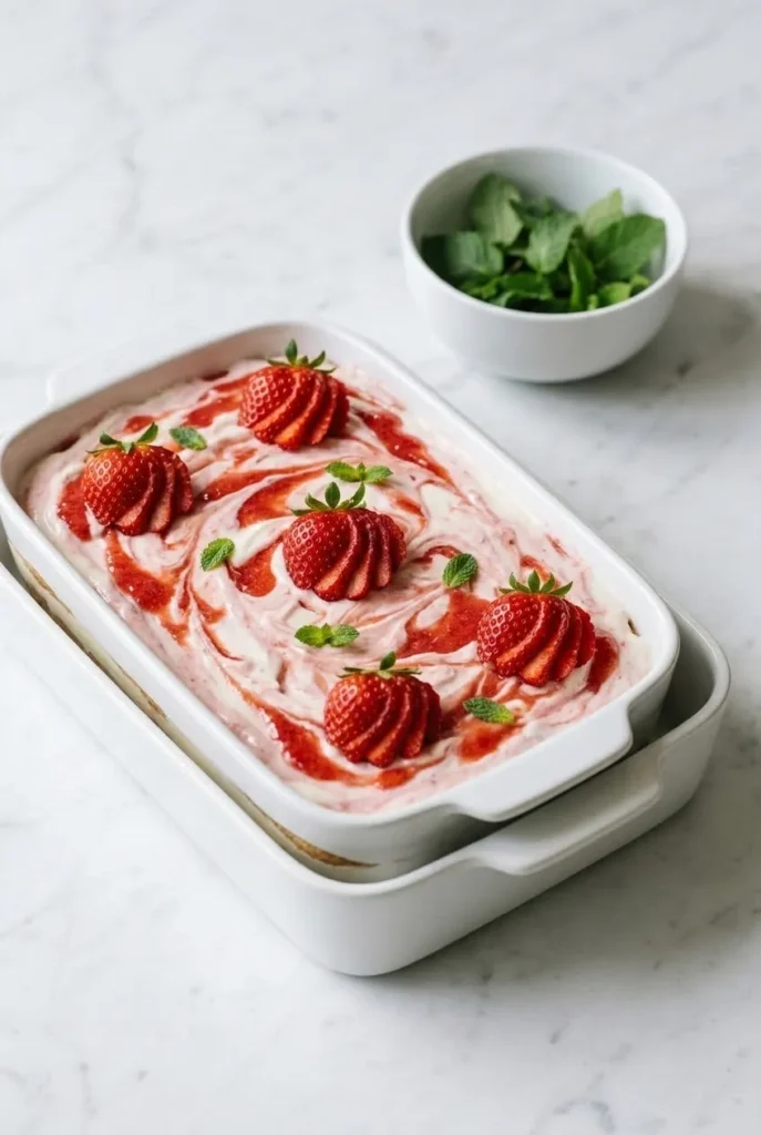 Erdbeertiramisu serviert mit Minze — erfrischende Portion des cremigen Sommerauflaufs formvollendet präsentiert