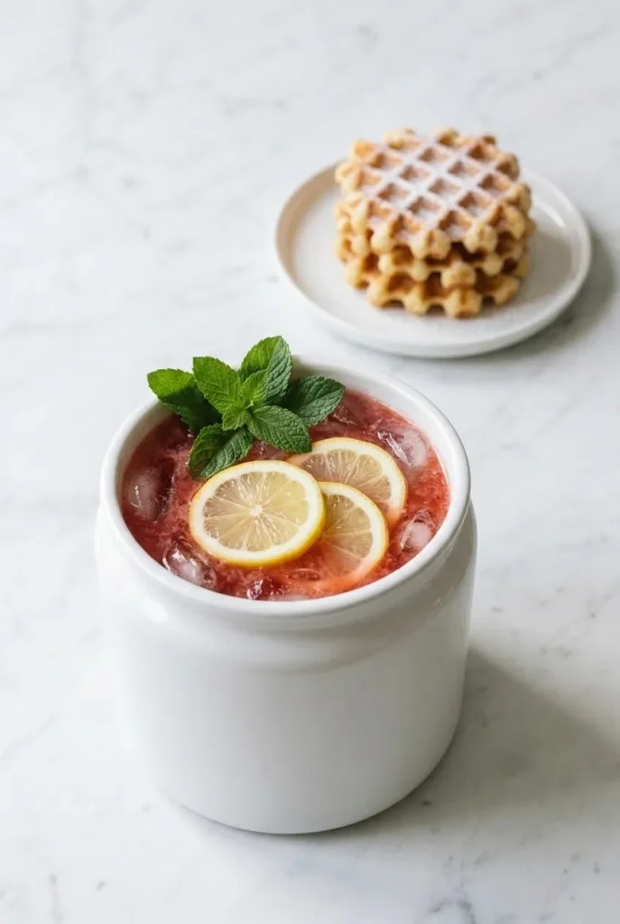Erdbeer Limonade serviert mit Waffeln — spritziges Sommergetränk stilvoll präsentiert auf weißem Marmor