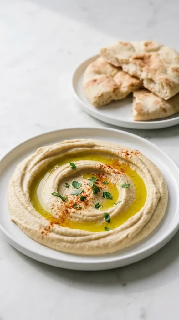 Bestes Hummus Rezept serviert mit Fladenbrot — cremiger Kichererbsen-Dip stilvoll inszeniert auf weißem Marmor