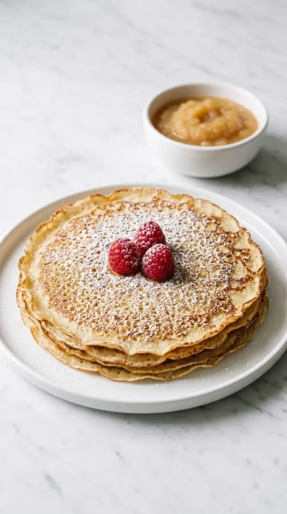 Pfannkuchen serviert mit Apfelmus — klassische Kombination formvollendet auf weißem Porzellan