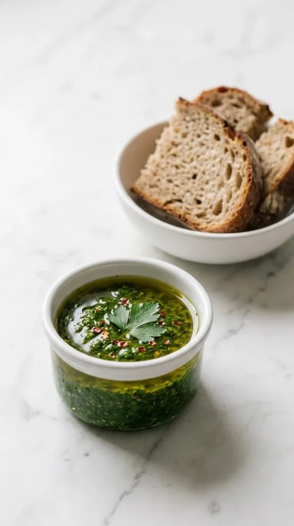 Klassisches Chimichurri serviert mit Bauernbrot — pikante argentinische Kräutersauce stilvoll inszeniert auf weißem Marmor