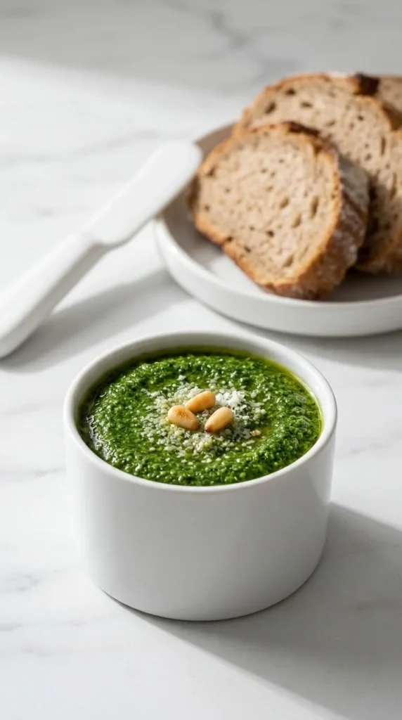 Rucola-Pesto serviert mit Bauernbrot — frische Kräutersauce appetitlich inszeniert auf einer weißen Marmorplatte
