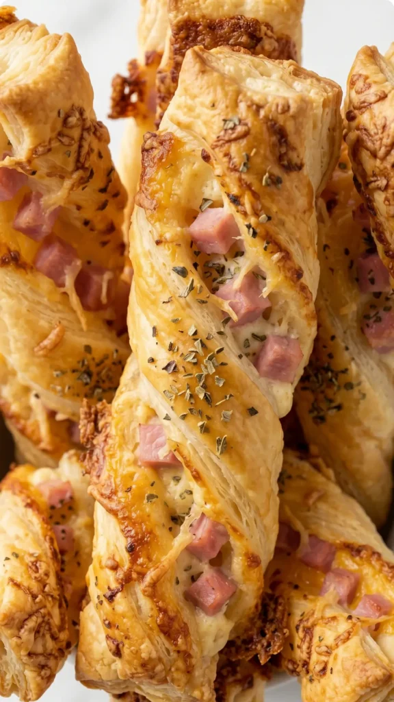 Nahaufnahme von Blätterteig-Schinken-Käse-Stangen — detailreiche Ansicht der knusprig aufgeblätterten Teigschichten mit Käse