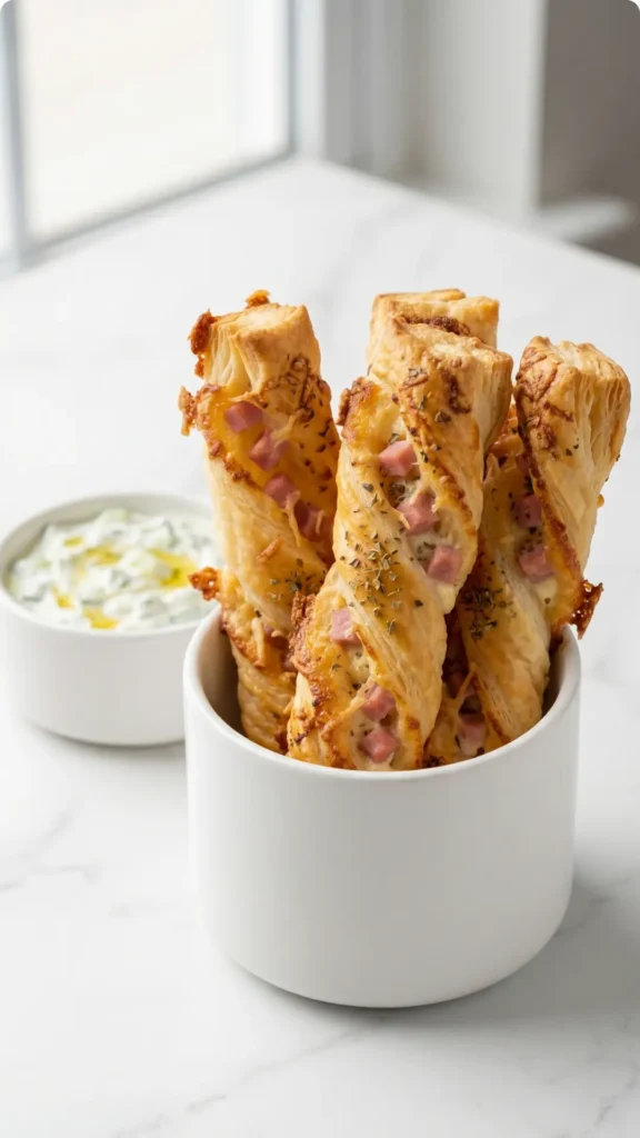 Blätterteig-Schinken-Käse-Stangen serviert mit Tzatziki — krosse Snackstangen perfekt präsentiert neben cremigem Dip