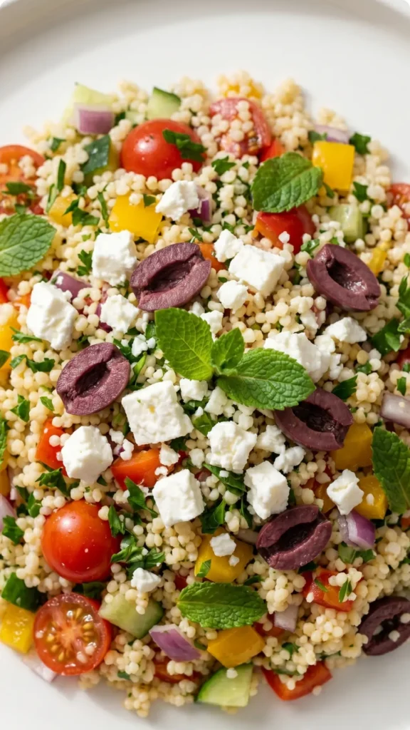 Nahaufnahme von Couscous-Salat mit Feta — detaillierte Textur der feinen Körner mit Kräutern und Feta