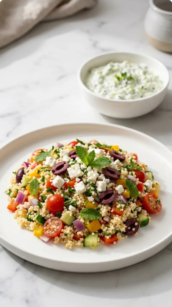 Couscous-Salat mit Feta serviert mit Tzatziki-Dip — sommerliche mediterrane Genussszene
