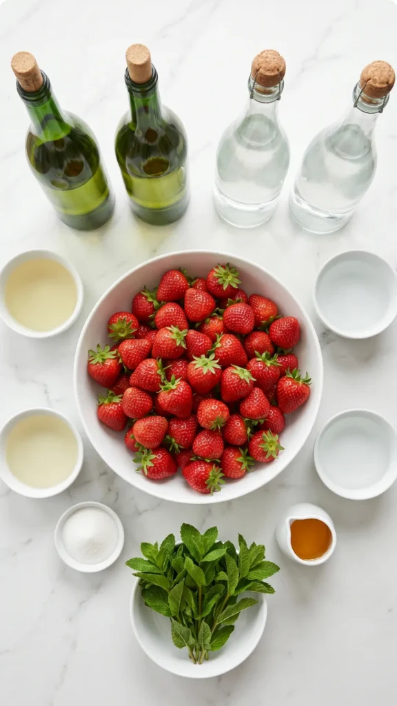 Zutaten für Erdbeerbowle: 1,5 kg frische Erdbeeren, Sektflaschen, Weißwein, Zucker, Orangenlikör und Minze übersichtlich arrangiert