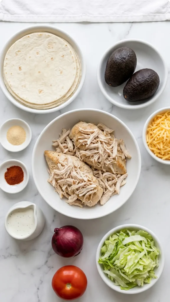 Zutaten für Hähnchen Avocado Ranch Burritos: zerkleinertes Hähnchen, Tortillas, Avocados, Käse und Gemüse ordentlich aufgereiht