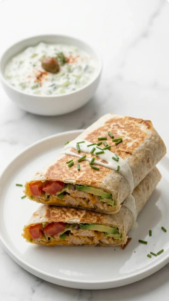 Hähnchen Avocado Ranch Burritos serviert mit Tzatziki — appetitlich halbierte Wraps formvollendet präsentiert