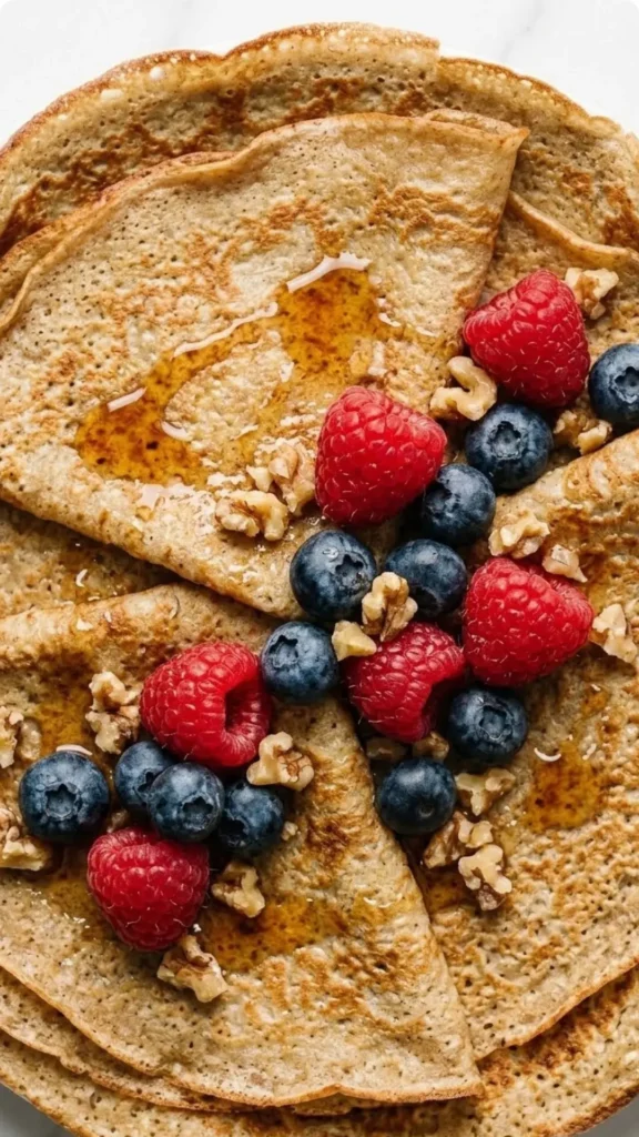 Nahaufnahme von Haferflocken-Crepes — feine Texturdetails der zarten Oberfläche mit glänzendem Ahornsirup