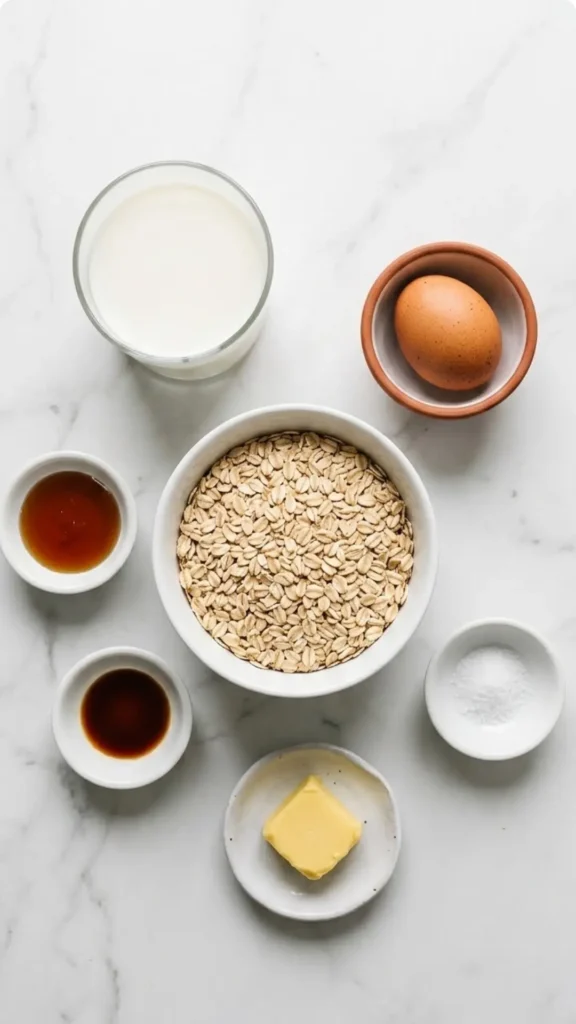 Zutaten für Haferflocken-Crepes: Ganze Haferflocken, frische Milch, ein Ei, Ahornsirup und feines Vanilleextrakt