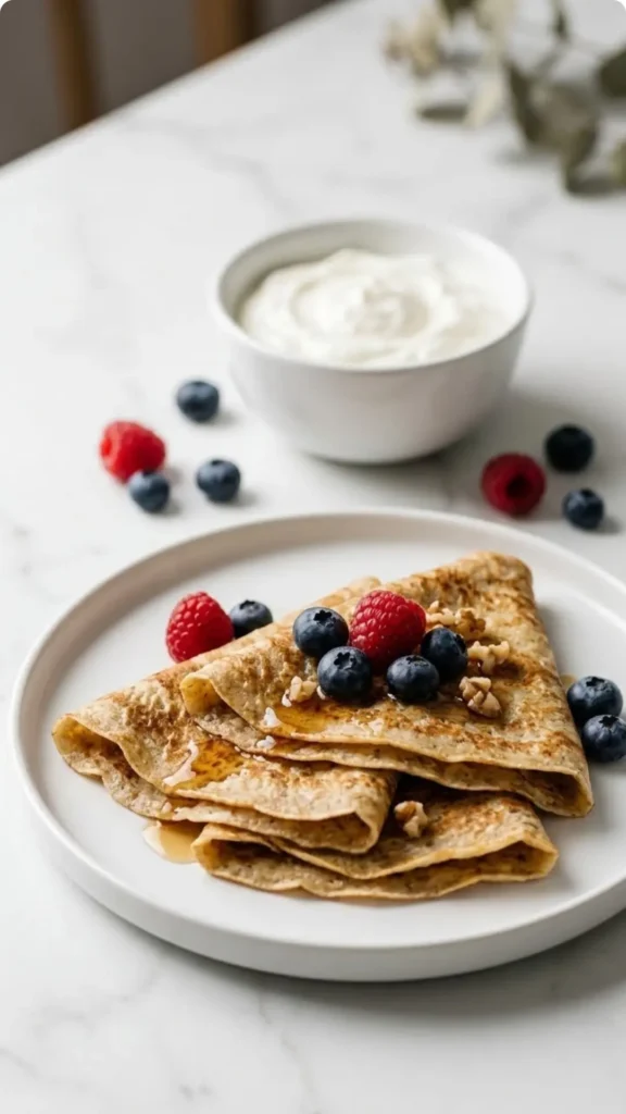 Haferflocken-Crepes serviert mit griechischem Joghurt — gesundes, leichtes Frühstückssetting auf Marmor