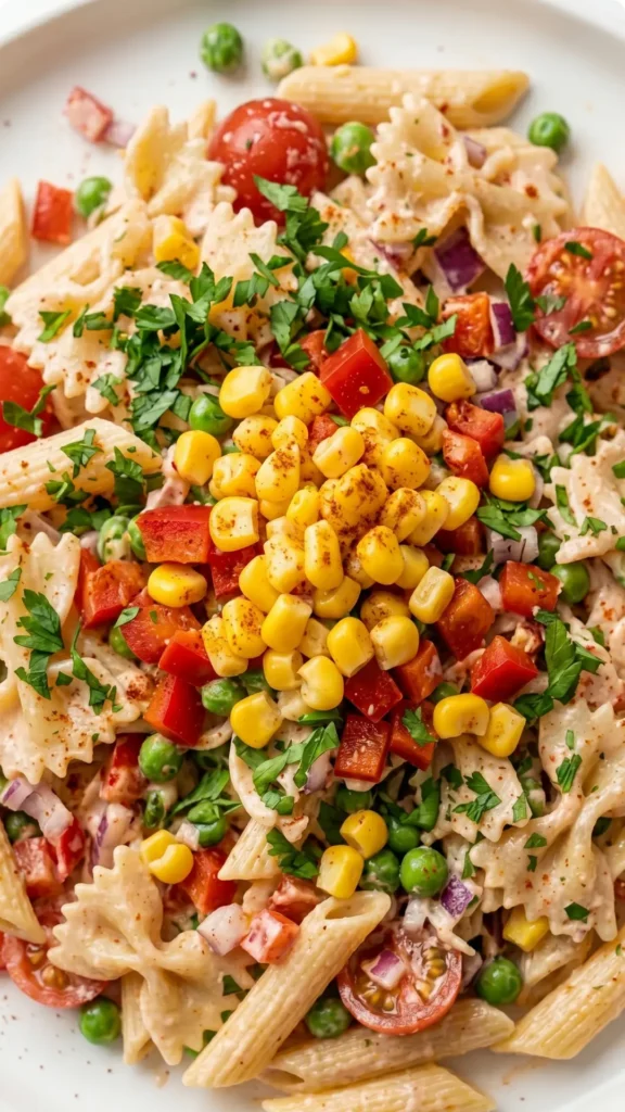 Nahaufnahme von mexikanischem Mais-Pasta-Salat — feine Details der cremigen Nudeln mit Mais und Paprikawürfeln