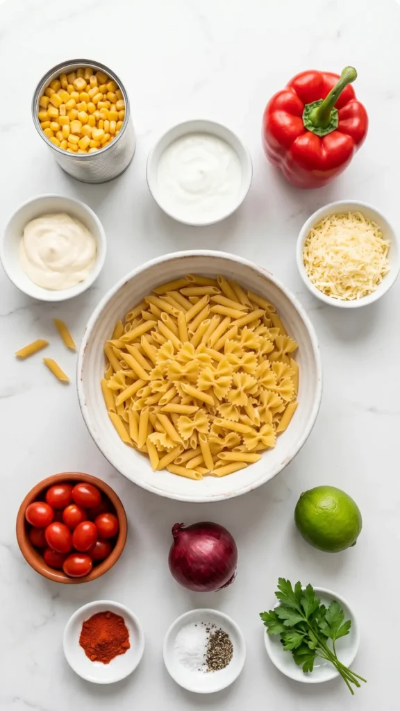 Zutaten für mexikanischen Mais-Pasta-Salat: Pasta, Dosenmais, rote Paprika, Kirschtomaten, Käse und Dressingkomponenten