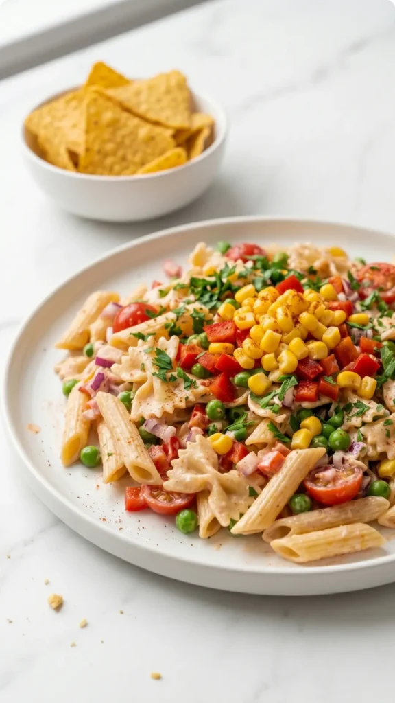 Mexikanischer Mais-Pasta-Salat serviert mit knusprigen Tortilla-Chips — festliche Partyszene auf weißem Marmor