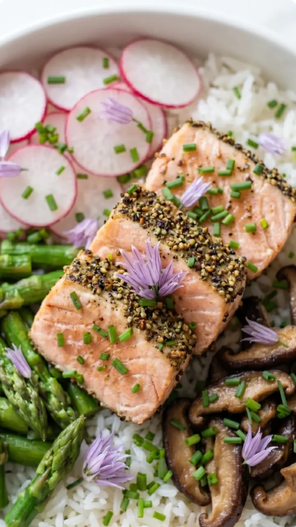 Nahaufnahme von Spargel-Sushi-Bowl — detailreiche Ansicht des kross gebratenen Korianderlachs mit feinen violetten Blüten