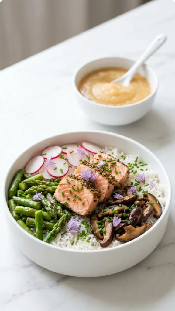 Spargel-Sushi-Bowl mit Korianderlachs serviert mit Apfelmus — farbenfrohe Frühlings-Bowl elegant präsentiert auf Marmor