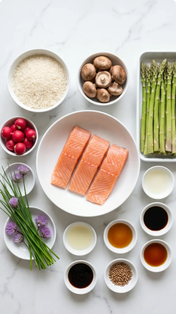 Zutaten für Spargel-Sushi-Bowl: frischer Lachs, grüner Spargel, Basmati-Reis, Shiitake-Pilze, Radieschen und Saucen sauber angerichtet