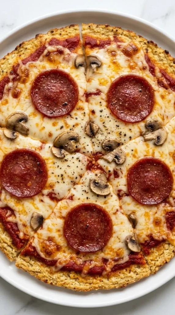Nahaufnahme von Low Carb Pizzaboden aus Blumenkohl — detailreiche Ansicht des krossen Gemüse-Bodens mit würzigem Belag