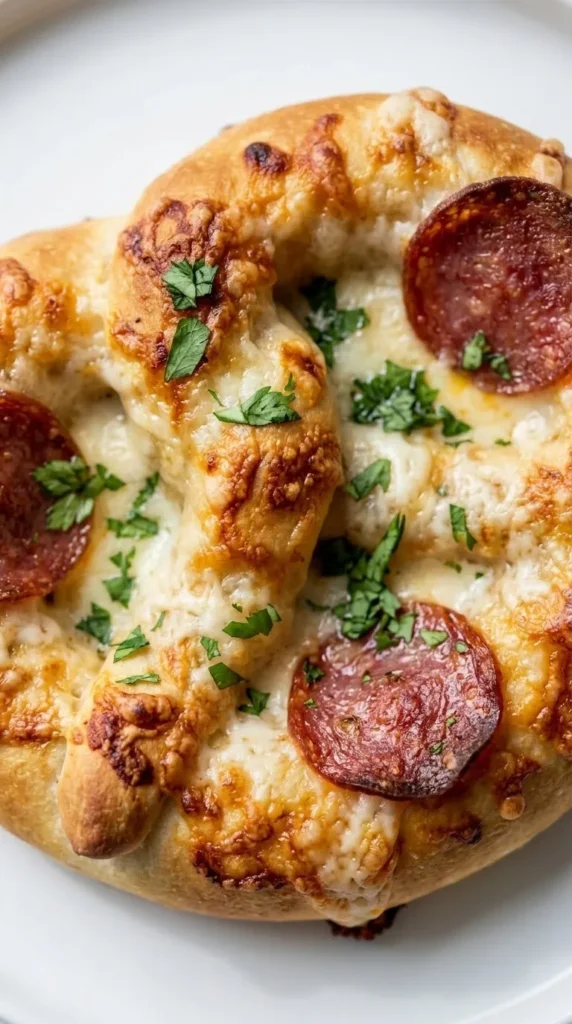 Nahaufnahme von Pizza-Brezel — knusprige Salami und fädenziehender, geschmolzener Mozzarella