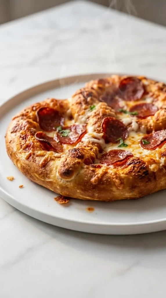 Pizza-Brezel frisch zubereitet — goldbraun gebackene Kruste mit geschmolzenem Käse und Salami