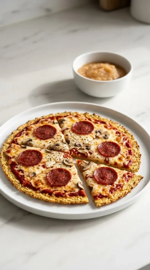 Low Carb Pizzaboden aus Blumenkohl serviert mit Apfelmus — mehlfreie Gemüse-Pizza appetitlich in Stücke geschnitten präsentiert