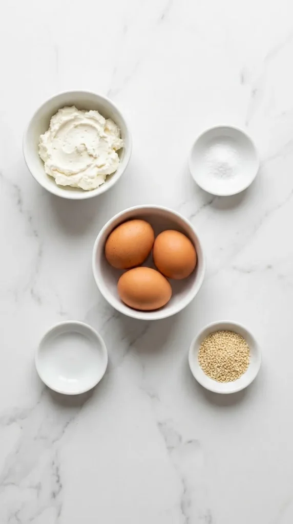 Zutaten für Low Carb Burgerbrötchen Oopsies: frische Eier, Frischkäse, Salz und Sesam ordentlich aufgereiht