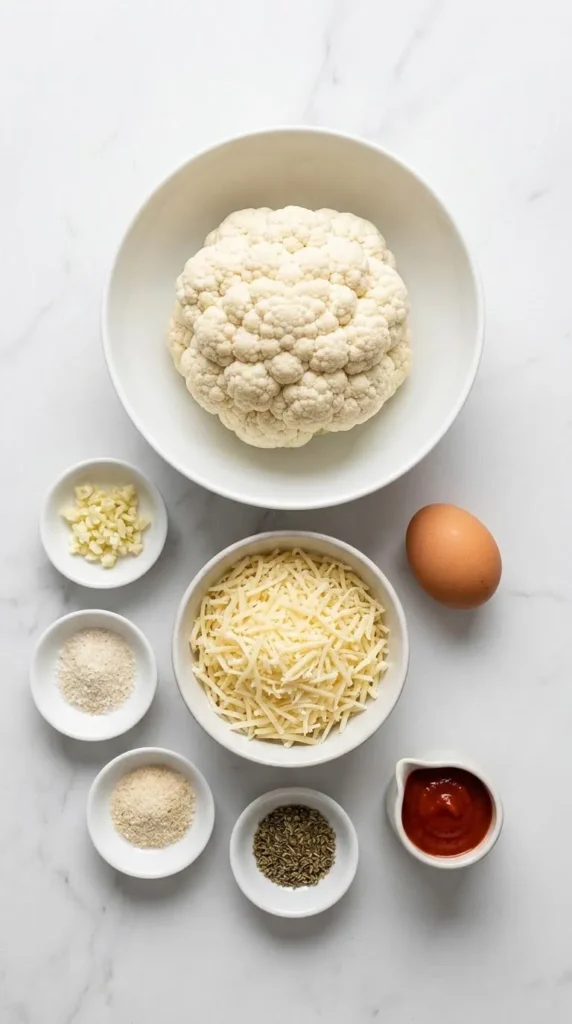 Zutaten für Low Carb Pizzaboden: frischer Blumenkohl, geriebener Käse, Ei, Knoblauch, Kräuter und Pizzasauce sauber aufgereiht
