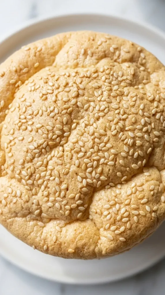 Nahaufnahme von Low Carb Burgerbrötchen Oopsies — detailreiche Ansicht der luftigen Ei-Struktur mit geröstetem Sesam