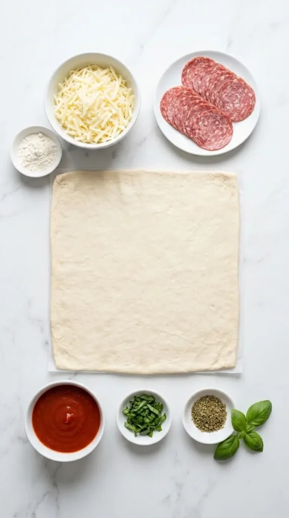 Zutaten für Pizza-Brezel: frischer Pizzateig, geriebener Mozzarella und dünne Salamischeiben auf Marmor