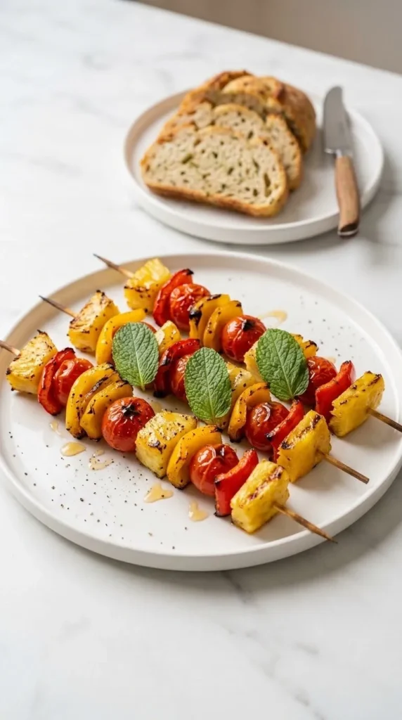 Gemüsespieße zum Grillen serviert mit Kräuterbrot — krosses Grillgemüse neben röstfrischem Kräuterbaguette angerichtet